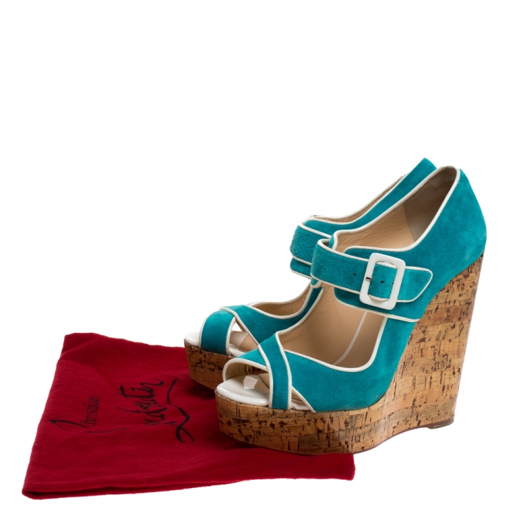 Pre Owned Christian Louboutin Blue Suede and Coated Cork Wedge Melides Sandals Size 38.5