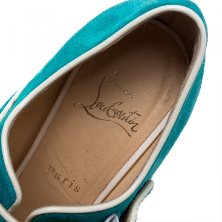 Pre Owned Christian Louboutin Blue Suede and Coated Cork Wedge Melides Sandals Size 38.5
