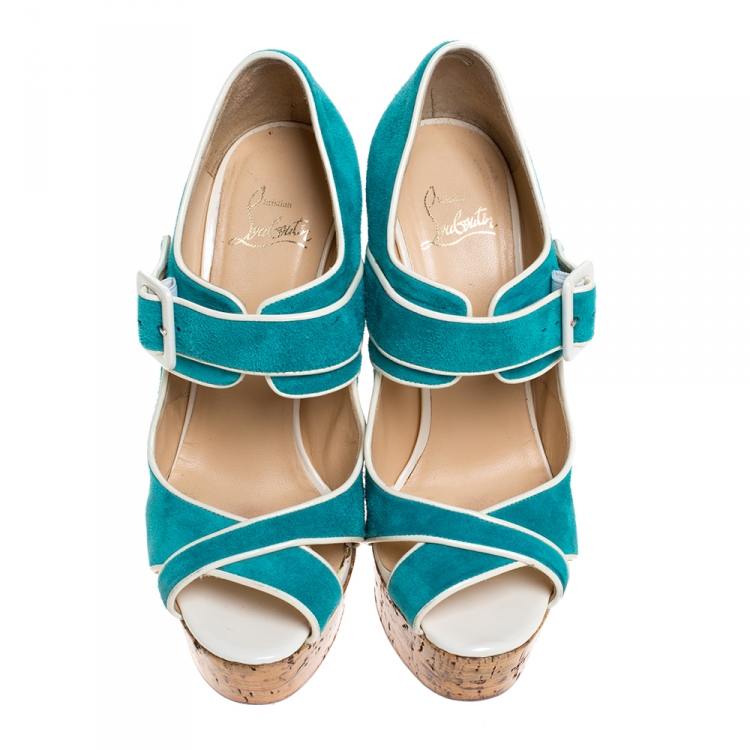 Pre Owned Christian Louboutin Blue Suede and Coated Cork Wedge Melides Sandals Size 38.5