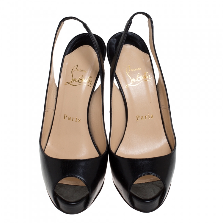 Pre Owned Christian Louboutin Black Leather No Prive Slingback Platform Sandals Size 35.5