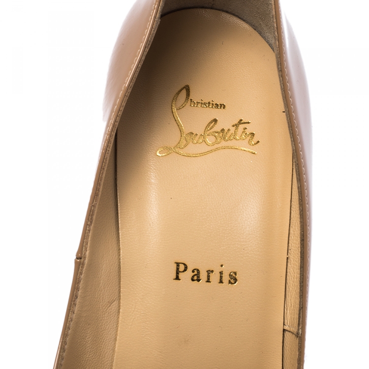 Pre Owned Christian Louboutin Beige Patent Leather Lady Peep Toe Platform Pumps Size 39.5