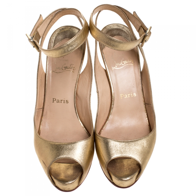 Pre Owned Christian Louboutin Gold Leather Platform Ankle Strap Sandals Size 38.5