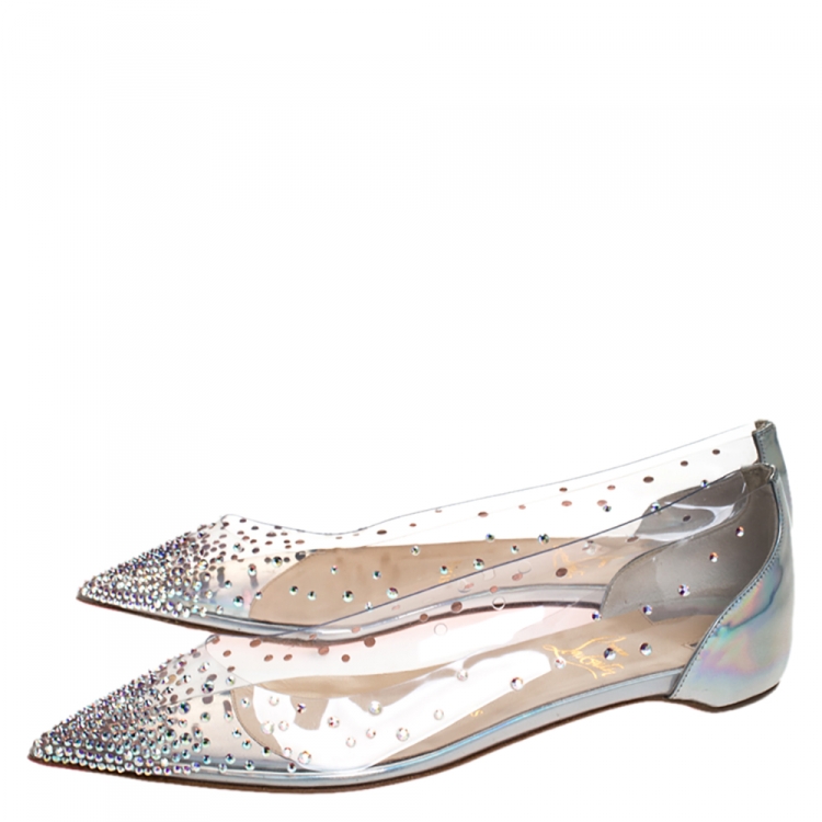 Pre Owned Christian Louboutin Metallic Silver Leather And PVC Degrastrass Pointed Toe Ballet Flats Size 36