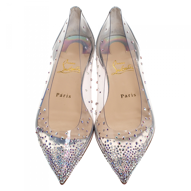 Pre Owned Christian Louboutin Metallic Silver Leather And PVC Degrastrass Pointed Toe Ballet Flats Size 36