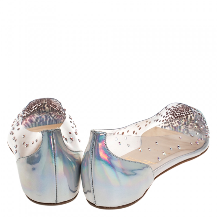 Pre Owned Christian Louboutin Metallic Silver Leather And PVC Degrastrass Pointed Toe Ballet Flats Size 36