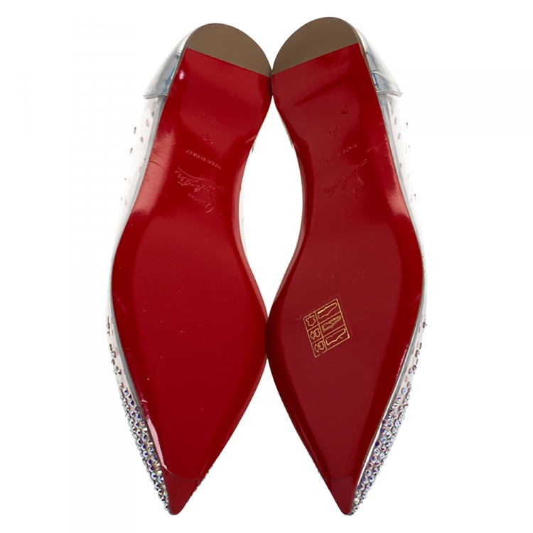 Pre Owned Christian Louboutin Metallic Silver Leather And PVC Degrastrass Pointed Toe Ballet Flats Size 36