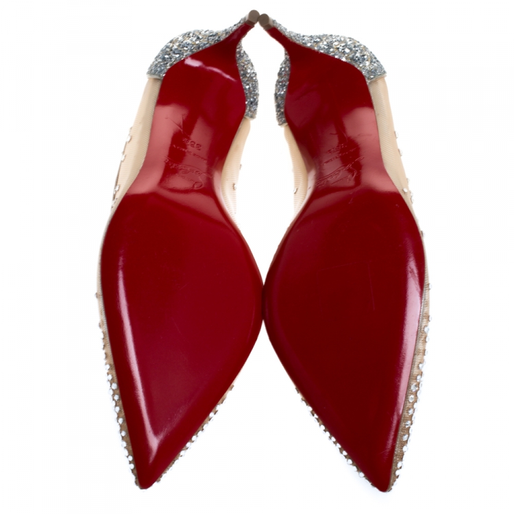 Pre Owned Christian Louboutin Silver Coarse Glitter Fabric And Mesh Follies Strass Embellished Pointed Toe Pumps Size 36.5