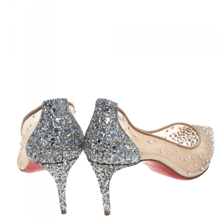 Pre Owned Christian Louboutin Silver Coarse Glitter Fabric And Mesh Follies Strass Embellished Pointed Toe Pumps Size 36.5