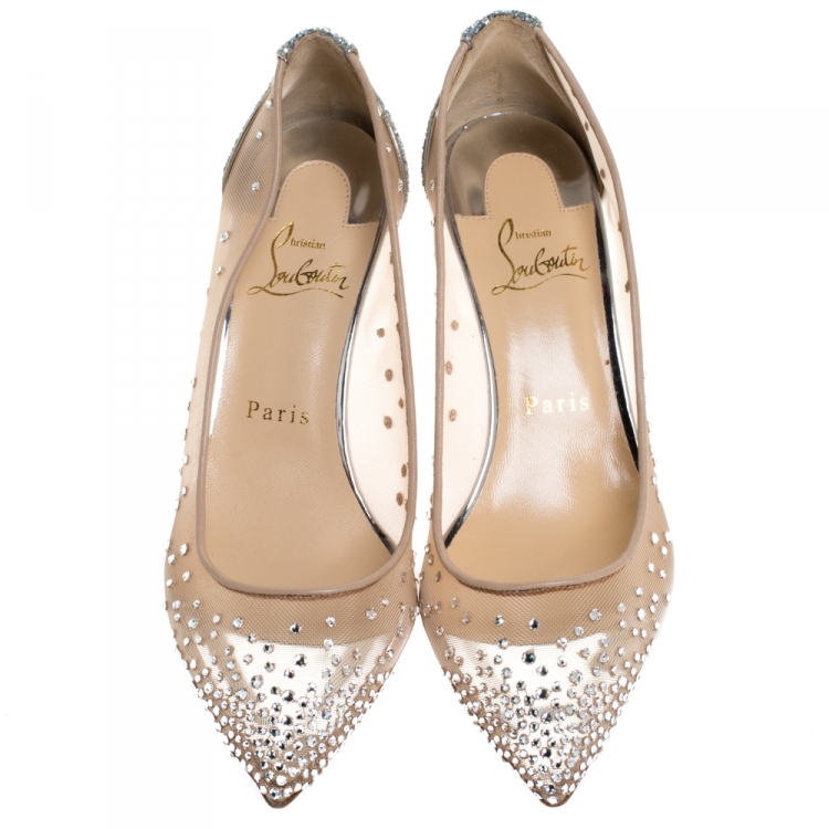 Pre Owned Christian Louboutin Silver Coarse Glitter Fabric And Mesh Follies Strass Embellished Pointed Toe Pumps Size 36.5