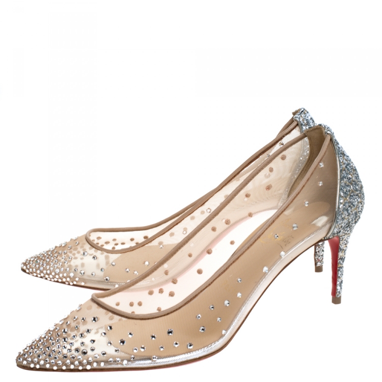 Pre Owned Christian Louboutin Silver Coarse Glitter Fabric And Mesh Follies Strass Embellished Pointed Toe Pumps Size 36.5