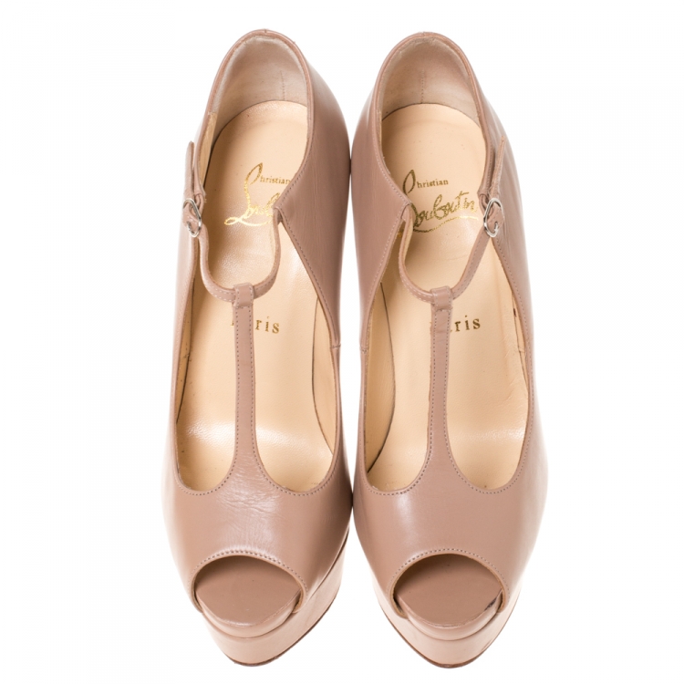 Pre Owned Christian Louboutin Beige Leather Alta Poppins T Strap Peep Toe Platform Pumps Size 36