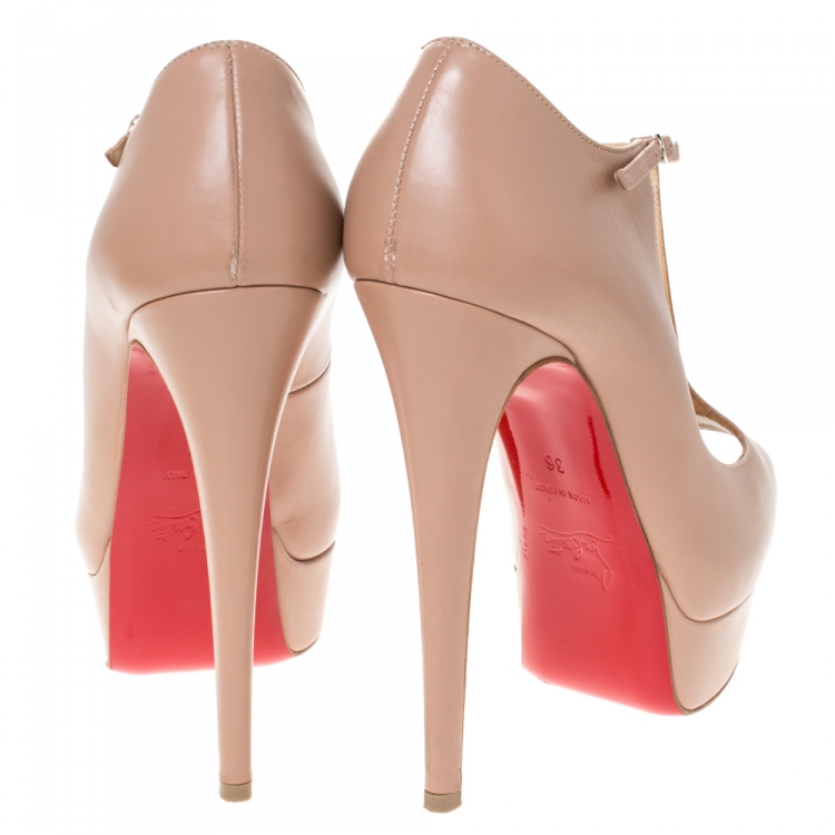 Pre Owned Christian Louboutin Beige Leather Alta Poppins T Strap Peep Toe Platform Pumps Size 36