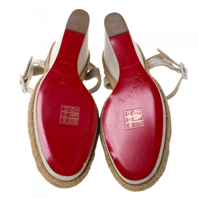 Pre Owned Christian Louboutin Cream Canvas Almeria Cross Strap Espadrille Wedge Sandals Size 40