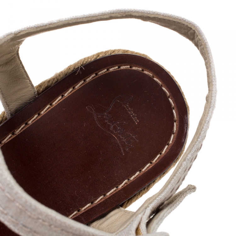 Pre Owned Christian Louboutin Cream Canvas Almeria Cross Strap Espadrille Wedge Sandals Size 40