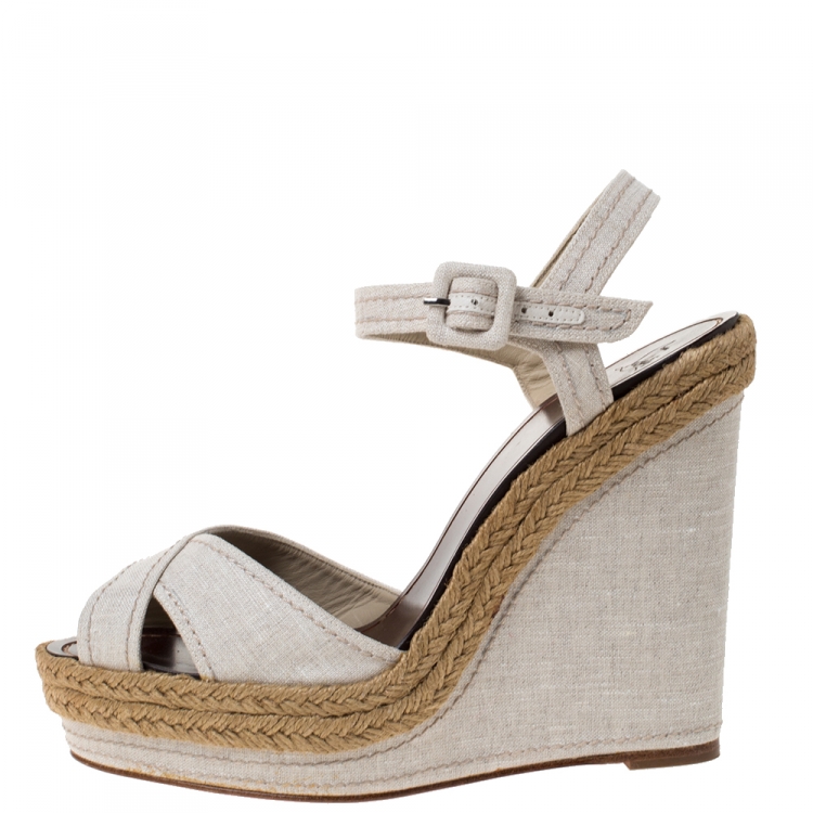 Pre Owned Christian Louboutin Cream Canvas Almeria Cross Strap Espadrille Wedge Sandals Size 40