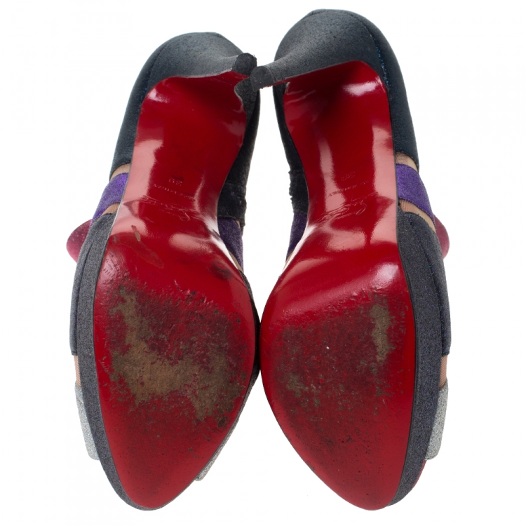 Pre Owned Christian Louboutin Mutlicolor Glitter Ziggy Peep Toe Ankle Booties Size 39