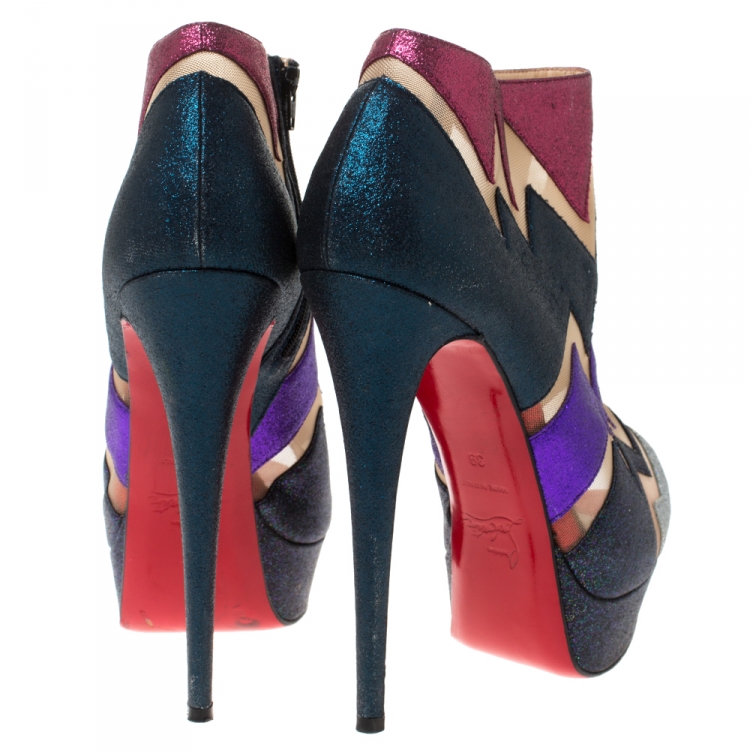 Pre Owned Christian Louboutin Mutlicolor Glitter Ziggy Peep Toe Ankle Booties Size 39