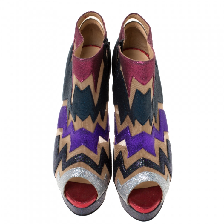 Pre Owned Christian Louboutin Mutlicolor Glitter Ziggy Peep Toe Ankle Booties Size 39