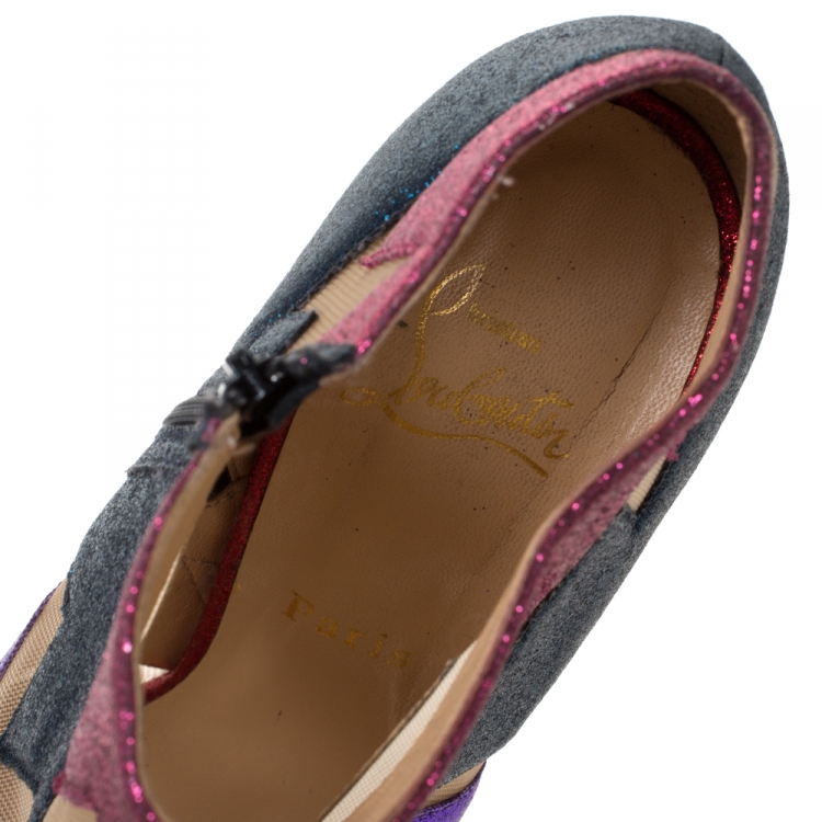 Pre Owned Christian Louboutin Mutlicolor Glitter Ziggy Peep Toe Ankle Booties Size 39
