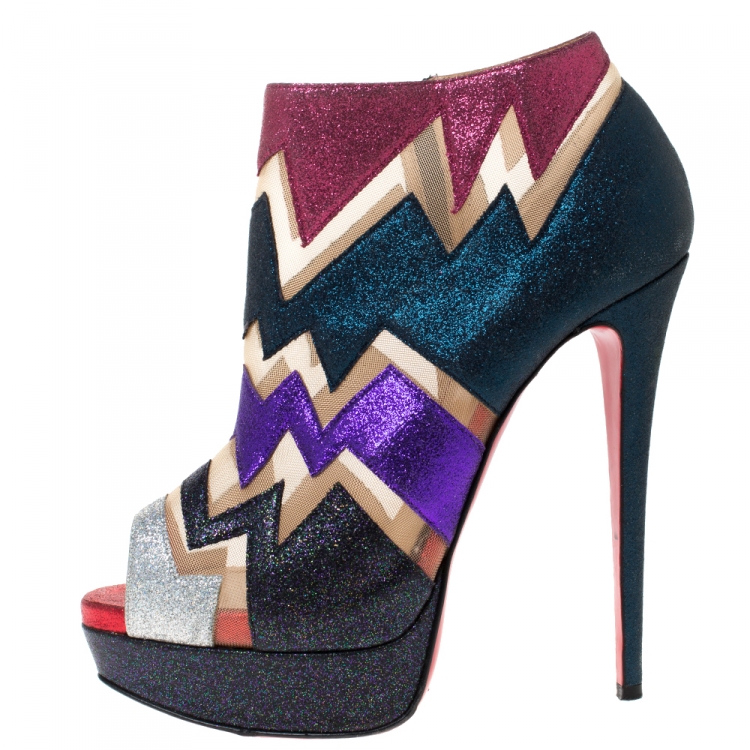 Pre Owned Christian Louboutin Mutlicolor Glitter Ziggy Peep Toe Ankle Booties Size 39
