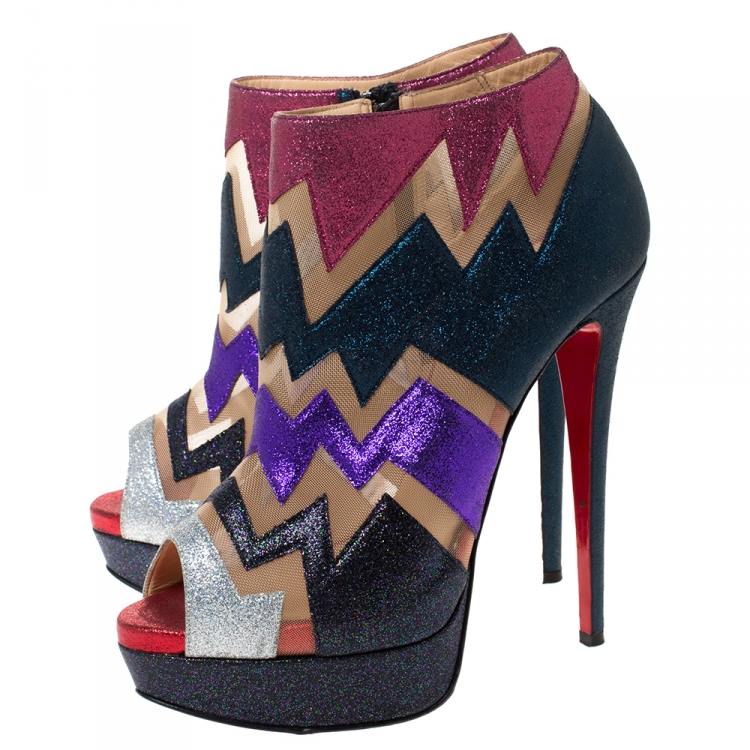Pre Owned Christian Louboutin Mutlicolor Glitter Ziggy Peep Toe Ankle Booties Size 39