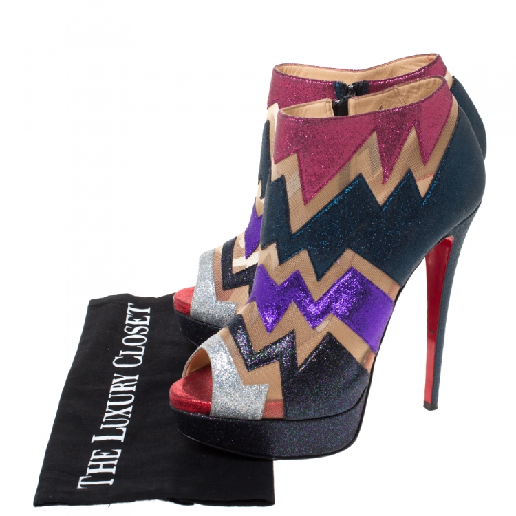 Pre Owned Christian Louboutin Mutlicolor Glitter Ziggy Peep Toe Ankle Booties Size 39