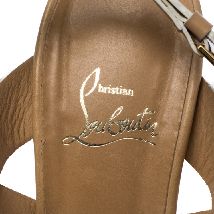 Pre Owned Christian Louboutin Beige Leather Bow Peep Toe Ankle Strap Sandals Size 40.5