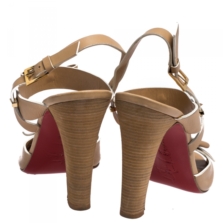 Pre Owned Christian Louboutin Beige Leather Bow Peep Toe Ankle Strap Sandals Size 40.5