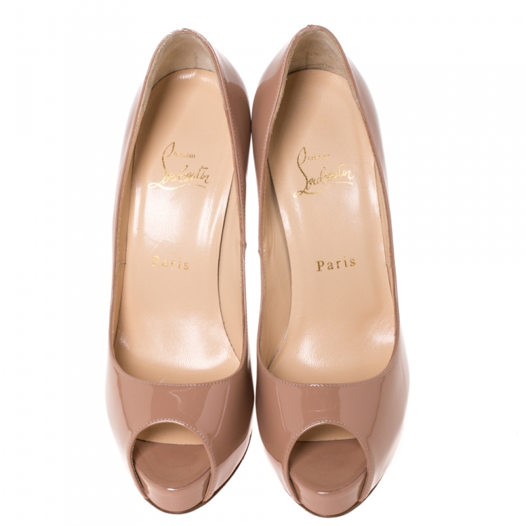 Pre Owned Christian Louboutin Nude Beige Patent Leather Very Prive Peep Toe Pumps Size 38.5