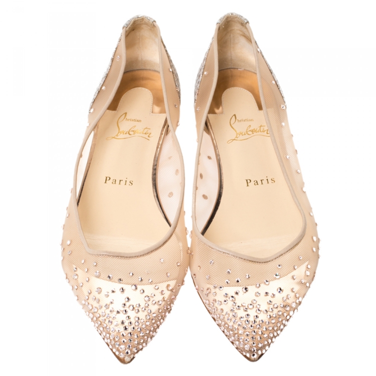 Pre Owned Christian Louboutin Nude Beige Mesh and Lame Fabric Degrastrass Pointed Toe Flats Size 39