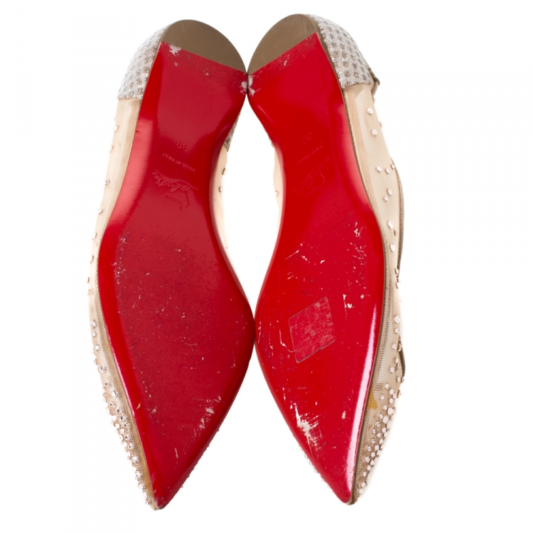 Pre Owned Christian Louboutin Nude Beige Mesh and Lame Fabric Degrastrass Pointed Toe Flats Size 39