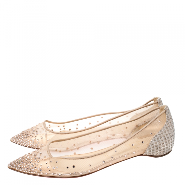 Pre Owned Christian Louboutin Nude Beige Mesh and Lame Fabric Degrastrass Pointed Toe Flats Size 39