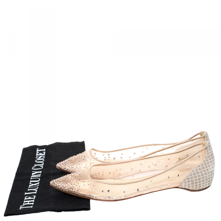 Pre Owned Christian Louboutin Nude Beige Mesh and Lame Fabric Degrastrass Pointed Toe Flats Size 39