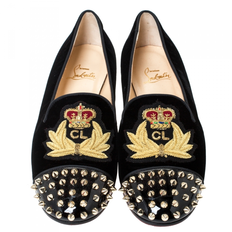 Pre Owned Christian Louboutin Black Velvet And Patent Spiked Cap Toe Harvanana Smoking Slippers Size 39