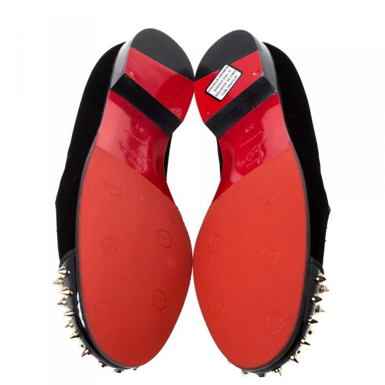 Pre Owned Christian Louboutin Black Velvet And Patent Spiked Cap Toe Harvanana Smoking Slippers Size 39