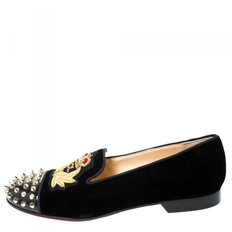 Pre Owned Christian Louboutin Black Velvet And Patent Spiked Cap Toe Harvanana Smoking Slippers Size 39