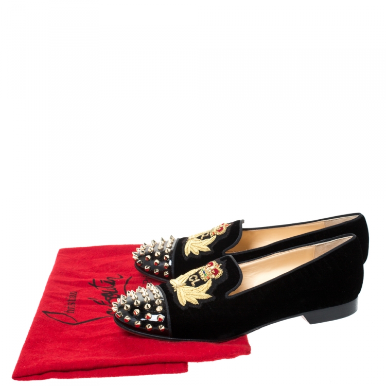 Pre Owned Christian Louboutin Black Velvet And Patent Spiked Cap Toe Harvanana Smoking Slippers Size 39
