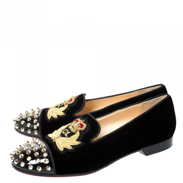 Pre Owned Christian Louboutin Black Velvet And Patent Spiked Cap Toe Harvanana Smoking Slippers Size 39