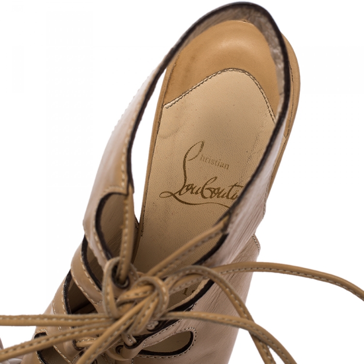 Pre Owned Christian Louboutin Tan Leather Lace Up Peep Toe Miss Fortune Platform Sandals Size 38