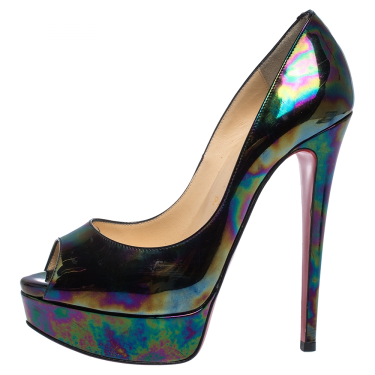 Pre Owned Christian Louboutin Holographic Patent Leather Lady Peep Toe Platform Pumps Size 36