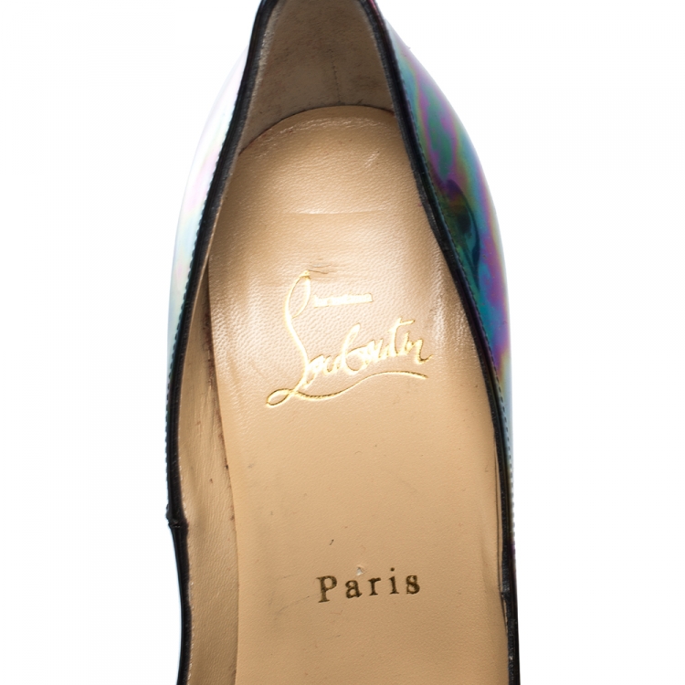 Pre Owned Christian Louboutin Holographic Patent Leather Lady Peep Toe Platform Pumps Size 36