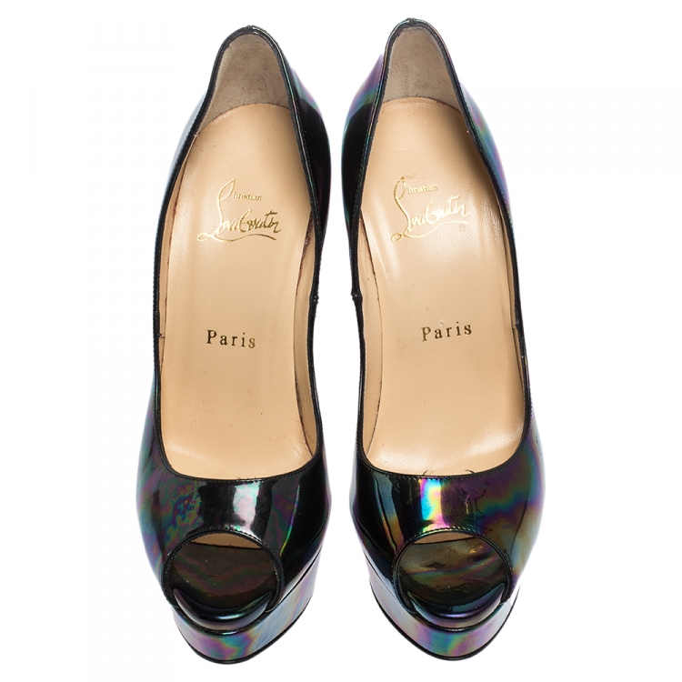 Pre Owned Christian Louboutin Holographic Patent Leather Lady Peep Toe Platform Pumps Size 36