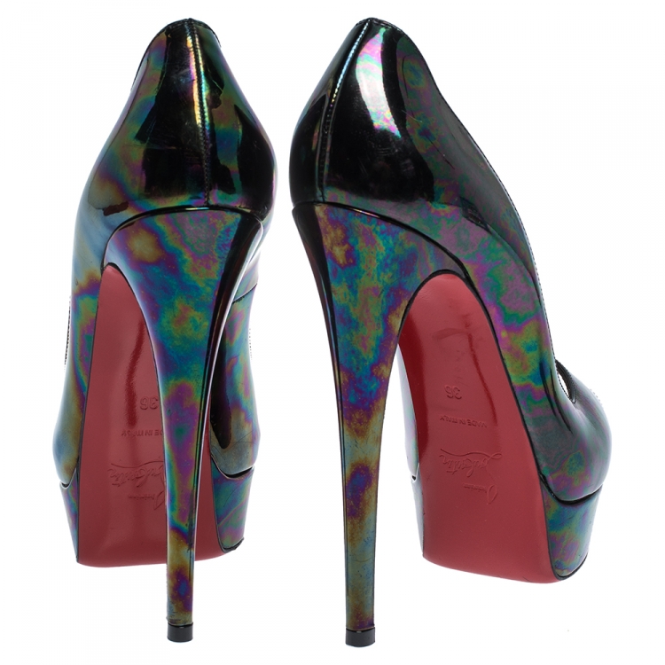 Pre Owned Christian Louboutin Holographic Patent Leather Lady Peep Toe Platform Pumps Size 36