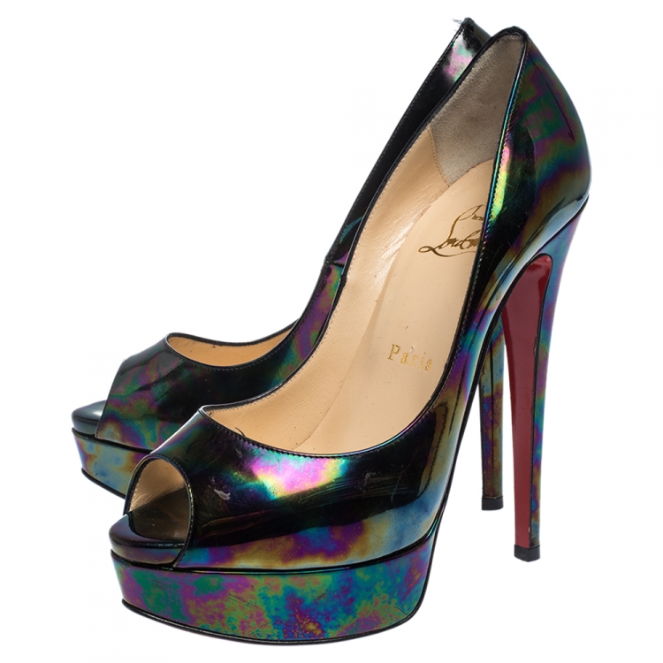 Pre Owned Christian Louboutin Holographic Patent Leather Lady Peep Toe Platform Pumps Size 36