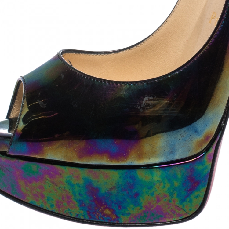 Pre Owned Christian Louboutin Holographic Patent Leather Lady Peep Toe Platform Pumps Size 36