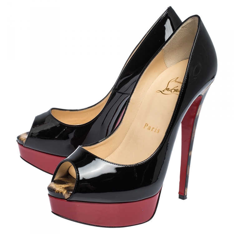 Pre Owned Christian Louboutin Black/Red/Leopard Print Patent Leather Lady Peep Toe Platform Pumps Size 37.5