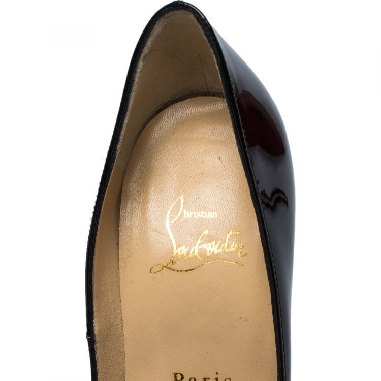 Pre Owned Christian Louboutin Black/Red/Leopard Print Patent Leather Lady Peep Toe Platform Pumps Size 37.5