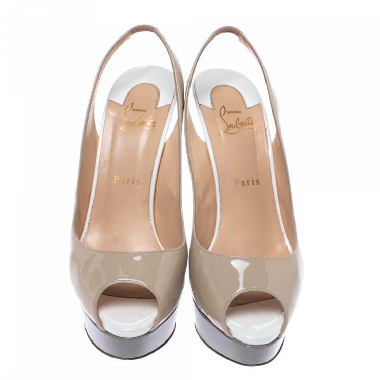Pre Owned Christian Louboutin Tricolor Patent Leather Lady Peep Toe Platform Slingback Sandals Size 40.5