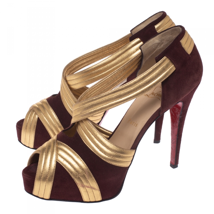 Pre Owned Christian Louboutin Burgundy/Gold Suede And Leather Criss Cross Strap Peep Toe Platform Pumps Size 40.5