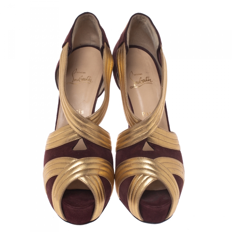 Pre Owned Christian Louboutin Burgundy/Gold Suede And Leather Criss Cross Strap Peep Toe Platform Pumps Size 40.5